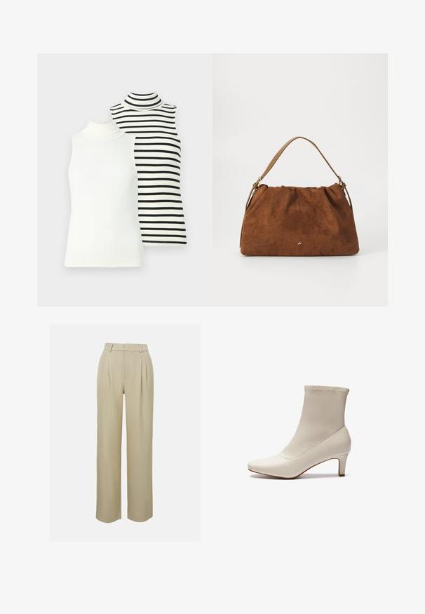 Kootud sviiter kreemjas ja tumepruunis. Omab geomeetrilist mustrit, soonikkoes kaelust ja äärt, pikki varrukasid ning lühikest lõike.; Kaks ilma varrukat turtleneck'i: üks ühtlane valge, teine valge mustade horisontaalsete triipudega. Mõlemad on ribilised ja keha lähedal istuvad.; Beezhides laiad püksid, mis on valmistatud siledast kangast, millel on ees pleated, meisterdatud vöökoht ja küljetaskud. Puhtad allääred.; Valge pahklöök made of sile nahk, terava ninaga ja lühikese, kitseneva kanna ning minimalistliku disainiga ja saumatult pealpool.; Pruun nubukist käekott, millel on kokku tõmmatud disain, ühesaanvärvilise naha rihmaga ja esiküljel peen kuldne logo detail.