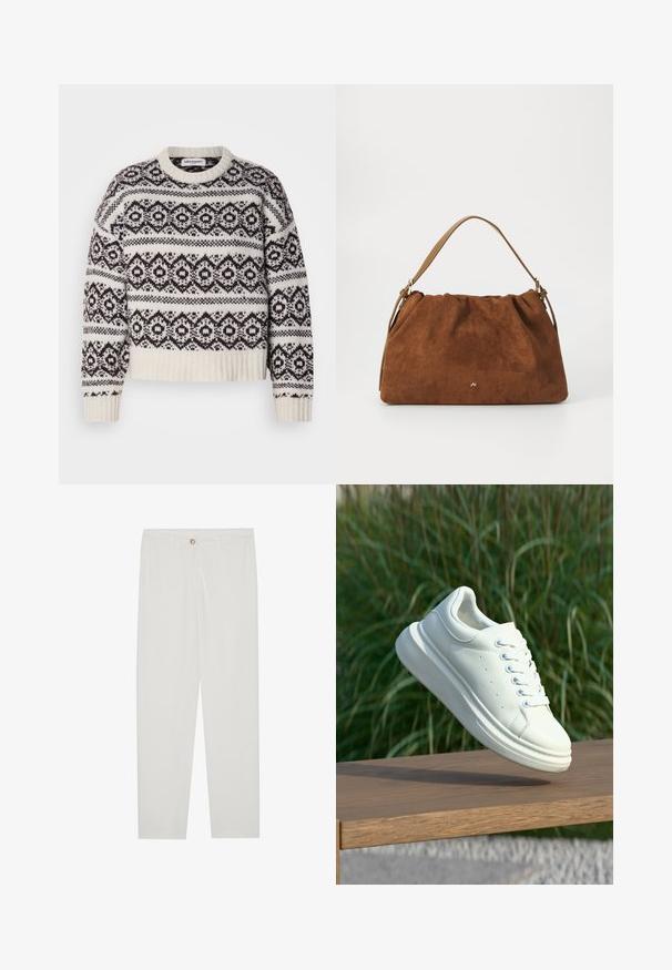 Maglione lavorato a maglia in crema e marrone scuro. Presenta un motivo geometrico, collo e orlo a coste, maniche lunghe e una veste corta.; Pantaloni bianchi su misura con design a gamba dritta, dotati di chiusura a bottone, passanti per cintura e tasche laterali; tessuto morbido.; Sneaker in pelle bianca con punta tonda, texture liscia e lacci a contrasto. Presenta fori di ventilazione e una suola spessa in gomma per il comfort.; Borsa in suede marrone con un design arricciato, dotata di una singola tracolla in pelle beige e di un sottile logo dorato dettagliato sulla parte anteriore.