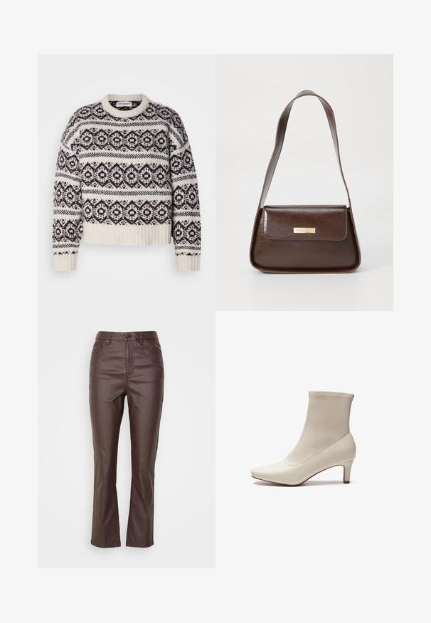 Megztinis kreminės ir tamsiai rudos spalvos. Yra geometrinis raštas, išsikišusi apykaklė ir kraštai, ilgos rankovės ir trumpas kirpimas.; Rudos dirbtinės odos kelnės su tiesia kojų forma, turinčios penkias kišenes, priekinį mygtuką ir matomas siūles.; Baltas kulkšninis botas, pagamintas iš lygaus odo, su smailiu nosiu ir trumpu, siaurėjančiu kulniuku. Išsiskiria minimalistiniu dizainu ir vientisu viršumi.; Ruda odinė petinė kuprinė, turinti struktūrizuotą formą, su magnetine užtrauktuku ir metaliniu logotipu priekyje.