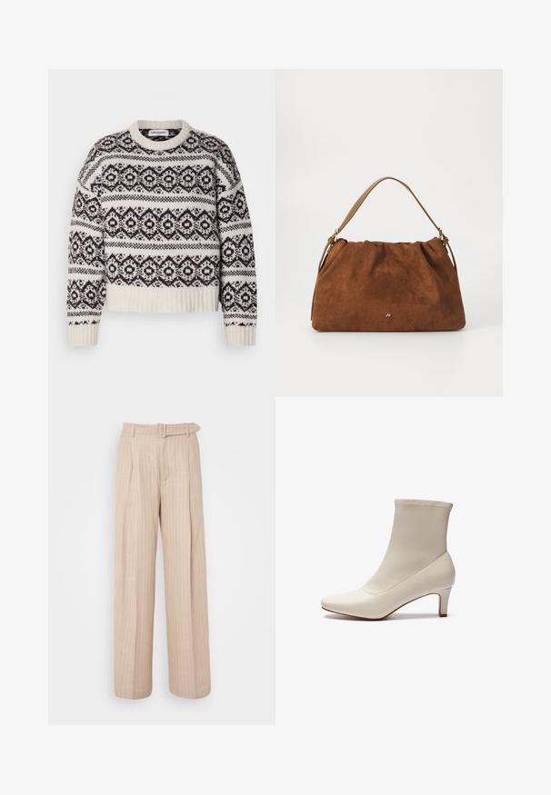 Neulepaita cream ja tummanruskea. Siinä on geometrinen kuviokuvio, ribattu kaula-aukko ja helma, pitkät hihat sekä lyhyt leikkaus.; Beige levele trousersit, joissa on pystysuorat raidoitukset, korkea vyötärö, etupleatit ja matching vyö. Sileä pinta, minimalistinen muotoilu.; Valkoiset nilkkurit, jotka on valmistettu sileästä nahasta, joissa on terävä kärki ja lyhyt, kapeneva korko. Ominaisuuksiin kuuluu minimalistinen muotoilu ja saumatonta pintaa.; Ruskea nukkaohut laukku, jossa on poimittu muotoilu, ja siinä on yksittäinen vaaleanruskea nahkahihna sekä hillitty kultainen logo etuosassa.