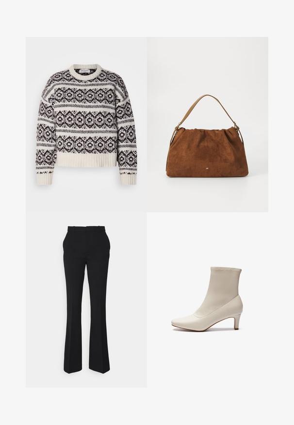 Maglione lavorato a maglia in crema e marrone scuro. Presenta un motivo geometrico, collo e orlo a coste, maniche lunghe e una veste corta.; Pantaloni neri a palazzo realizzati in tessuto liscio, con vita media, passanti per la cintura e una silhouette pulita e sartoriale.; Stivaletto bianco alla caviglia in pelle liscia con punta affusolata e tacco corto e affusolato. Presenta un design minimalista e una parte superiore senza cuciture.; Borsa in suede marrone con un design arricciato, dotata di una singola tracolla in pelle beige e di un sottile logo dorato dettagliato sulla parte anteriore.