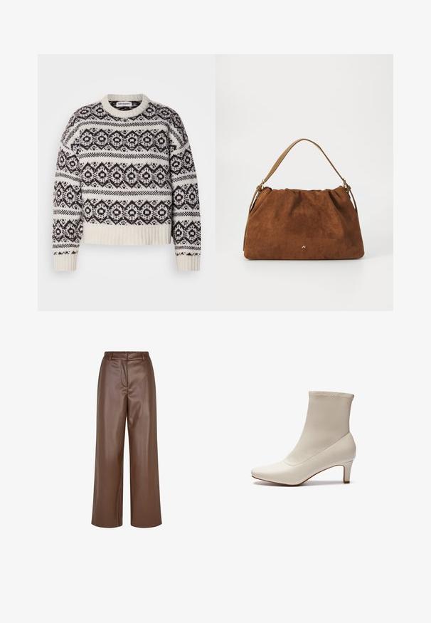Pulôver tricotado em creme e castanho escuro. Apresenta um padrão geométrico, gola e bainha caneladas, mangas longas e um corte curto.; Calças largas de imitação de pele castanhas com uma textura suave, passantes para cinto e um detalhe de prega frontal na cintura.; Bota branca até ao tornozelo, feita de couro liso, com bico fino e um salto curto e afunilado. Apresenta um design minimalista e uma parte superior sem costuras.; Bolsa de mão em camurça castanha com um design franzido, apresentando uma alça única em couro bege e um discreto detalhe em logo dourado na parte da frente.