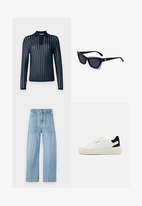 Marineblå langermet poloshirt med teksturert ribbestruktur, som har en ensfarget krage, tre-knaps placket og kontraststriper.; Lyseblå denimbukser med høy midje, vide ben og to store frontlommer. Stoffet har en glatt tekstur og subtil fading.; Hvite lær sneakers med tykk hvit såle, svart semsket hælforsterkning og preget logo på siden. Snøresystem med seks hull.; Store svarte solbriller i overdimensjonert størrelse med geometrisk form, med mørke linser og en kontrasterende grå detalj på rammen. Logo på armen.