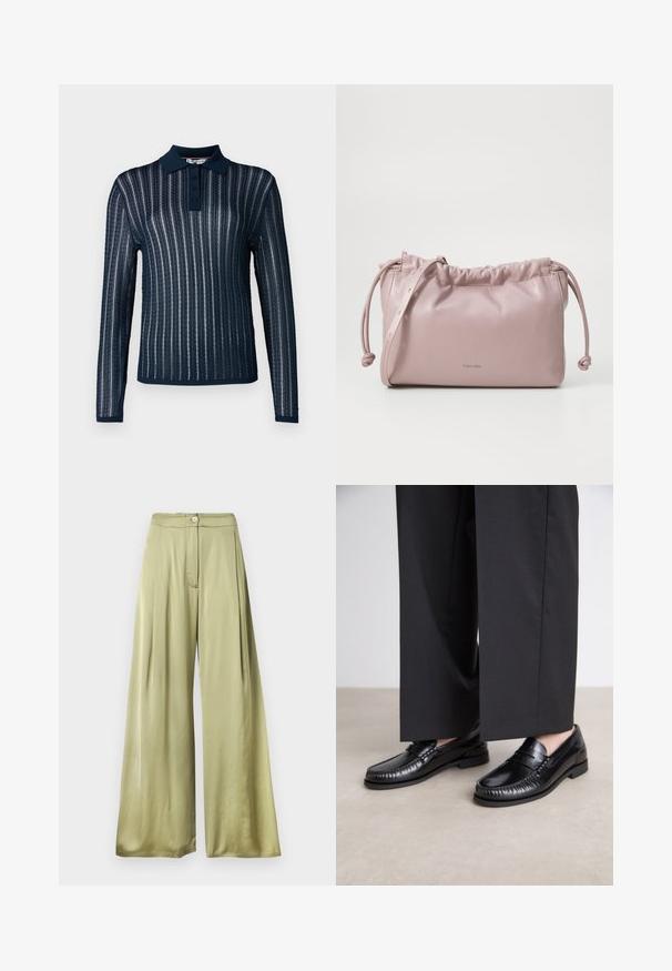 Polo à manches longues bleu marine avec un design texturé en côtes, doté d'un col uni, d'une patte de boutonnage à trois boutons et de rayures contrastantes.; Pantalons larges en satin vert pâle, présentant une fermeture à bouton, des plis à l'avant et une texture lisse. Conçus avec une taille haute.; Mocassins en cuir noir avec une finition lisse, descoutures autour de l'orteil et une semelle en caoutchouc basse. Assortis à un pantalon large noir.; Sac en cuir lisse rose blush, avec un haut froncé, une fermeture à cordon et une fine sangle. Présente un logo Calvin Klein discret sur le devant.