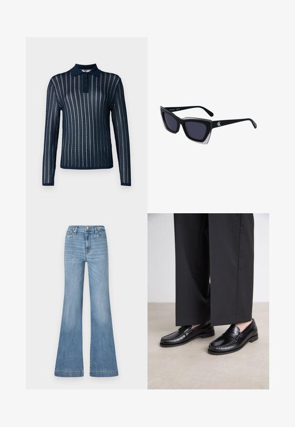 Polo a maniche lunghe blu navy con un design a coste testurizzate, dotato di colletto a tinta unita, pattina con tre bottoni e strisce a contrasto.; Jeans a zampa d'elefante di colore blu chiaro, realizzati in denim, con vita alta, tasche frontali e bordo con leggera scoloritura per un effetto di texture.; Mocassini in pelle nera con una finitura liscia, dettagli cuciti attorno alla punta e suola in gomma bassa. Abbinati a pantaloni neri larghi.; Occhiali da sole oversize neri dalla forma geometrica, con lenti scure e un dettaglio grigio a contrasto sulla montatura. Logo sul braccio.