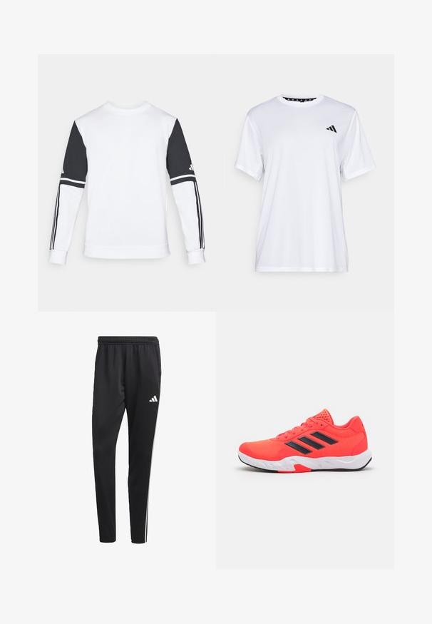 Bijela dukserica s crnim rukavima, koja ima tri crne pruge na svakoj ruci i okrugli izrez. Izrađena je od mekog, teksturiranog materijala.; Bijela atletska majica kratkih rukava, napravljena od tkanine koja upija vlagu. Ima crni logo na lijevoj strani prsiju i uzorčeni unutarnji obrub dekoltea.; Crne atletske hlače s rastezljivim pojasom, bijelim bočnim trakama i malim bijelim logom na bedru. Izrađene su od glatkog, laganog materijala.; Svijetlo crvena atletska tenisica s mrežastim gornjim dijelom, crnim prugama, podstavljenim ovratnikom i bijelom sredinom. Ima teksturiranu potplat za bolje prianjanje.