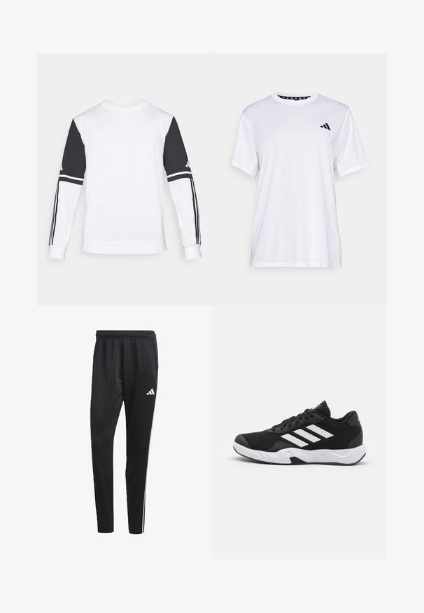 Bijela dukserica s crnim rukavima, koja ima tri crne pruge na svakoj ruci i okrugli izrez. Izrađena je od mekog, teksturiranog materijala.; Bijela atletska majica kratkih rukava, napravljena od tkanine koja upija vlagu. Ima crni logo na lijevoj strani prsiju i uzorčeni unutarnji obrub dekoltea.; Crne atletske hlače s rastezljivim pojasom, bijelim bočnim trakama i malim bijelim logom na bedru. Izrađene su od glatkog, laganog materijala.; Crne atletske cipele s teksturiranim mrežastim gornjim dijelom, bijelim naglasnim trakama, podstavljenim potplatom i ojačanim petom za podršku.
