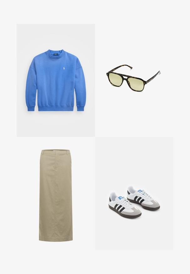 Blå sweatshirt tillverkad av en mjuk bomullsblandning, med rund halsringning, långa ärmar, ribbade muddar och en liten logotyp broderad på bröstet.; Beige linne midi kjol med platt midjeband, sidofickor och rak silhuett, med minimal sömnad och ingen synlig hårdvara.; Sportskor med överdel i vit läder, grå mocka på tårna och tre svarta ränder. Har en blå logotyp på tungan och en texturerad gummisula.; Sköldpaddsmönstrade solglasögon med rektangulär form, grönt färgade linser och mönstrade acetatbågar. Innehåller metallaccenter nära linserna.