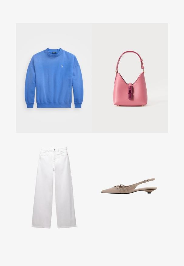 Sininen huppari, joka on valmistettu pehmeästä puuvillasekoitteesta, jossa on pyöreä kaula-aukko, pitkät hihat, ribbitoimiset hihansuut ja pieni logo brodeerattuna rinnassa.; Valkoiset leveät farkut, jotka on valmistettu denimestä. Varustettu nappikiinnityksellä, etu- ja takataskuilla sekä ommelluilla saumoilla. Sujuva pinta, jossa on minimaalinen yksityiskohtaisuus.; Kengät beigellä nahkalla, joissa on kärjet terävä, tasapohjainen korko, kaksivöinen muotoilu, metallisoljet ja rei'itetyt yksityiskohdat sivuilla.; Vaaleanpunainen nahkalaukku, jossa on rakenteellinen muoto, kiiltävä suljenta ja yksi säädettävä olkahihna. Rakeinen pinta ja kultainen metalliosat.