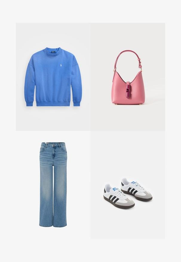 Blue sweatshirt made of soft cotton blend, featuring a crew neck, long sleeves, ribbed cuffs, and a small logo embroidered on the chest.; Light blue wide-leg jeans made of denim. Features a high waist, five-pocket design, and subtle fading across the fabric.; Sport shoes with a white leather upper, gray suede toe, and three black stripes. Features a blue logo on the tongue and a textured rubber sole.; Pink leather handbag with a structured shape, featuring a glossy accent closure and a single adjustable strap. Textured finish with gold hardware.