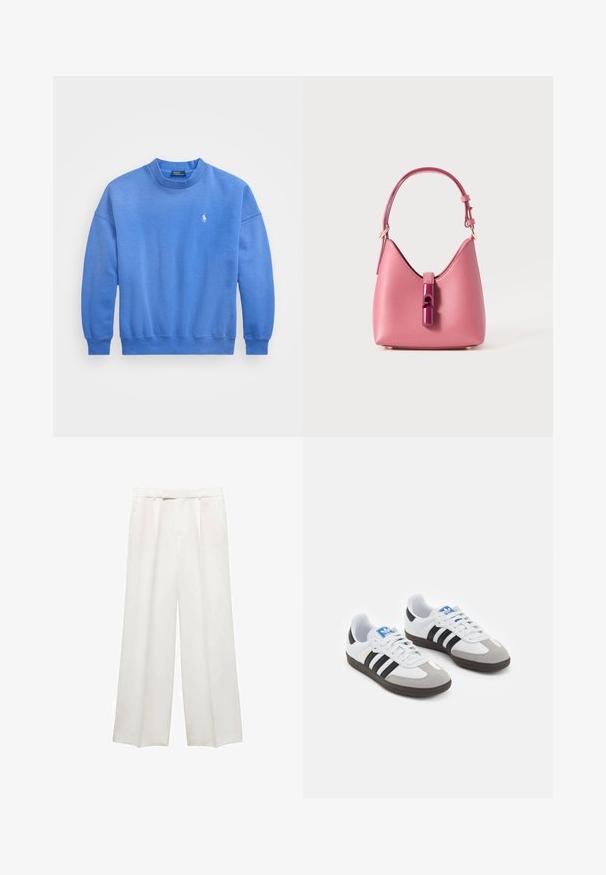 Sudadera azul hecha de una suave mezcla de algodón, con cuello redondo, mangas largas, puños acanalados y un pequeño logo bordado en el pecho.; Mango Pantalones - white; Zapatillas deportivas con parte superior de piel blanca, puntera de ante gris y tres rayas negras. Presentan un logo azul en la lengüeta y una suela de goma texturizada.; Bolso de cuero rosa con una forma estructurada, que presenta un cierre de acento brillante y una sola correa ajustable. Acabado texturizado con herrajes dorados.