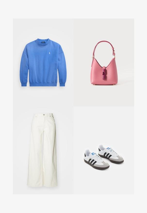 Felpa blu realizzata in morbido misto cotone, con collo rotondo, maniche lunghe, polsini a coste e un piccolo logo ricamato sul petto.; Jeans bianchi a gamba larga in denim. Presentano una vita alta, chiusura frontale con bottone e classica vestibilità a cinque tasche. Texture liscia, senza motivi.; Scarpe sportive con tomaia in pelle bianca, punta in suede grigia e tre strisce nere. Presentano un logo blu sulla linguetta e una suola in gomma testurizzata.; Borsa in pelle rosa con una forma strutturata, caratterizzata da una chiusura lucida e una sola tracolla regolabile. Finitura texturizzata con hardware dorato.