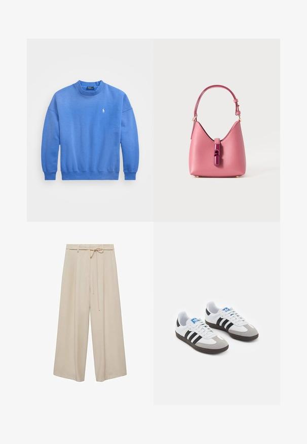 Blauwe sweatshirt van een zachte katoenen mix, met een ronde hals, lange mouwen, geribde manchetten en een klein, geborduurd logo op de borst.; Beige wijde broek van een gladde stof, met een strik taille, plooien en een losse fit voor comfort en gemakkelijke beweging.; Sportschoenen met een witte leren bovenkant, grijze suède neus en drie zwarte strepen. Bevat een blauw logo op de tong en een gestructureerde rubberen zool.; Roze leren handtas met een gestructureerde vorm, voorzien van een glanzende sluiting en een enkele verstelbare schouderband. Getextureerde afwerking met gouden hardware.