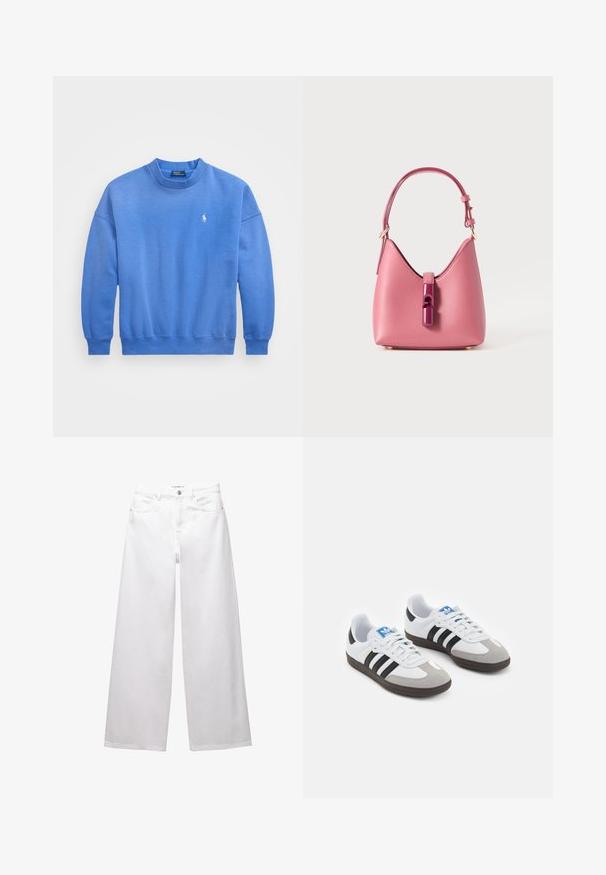 Blaues Sweatshirt aus weichem Baumwollmix, mit Rundhalsausschnitt, langen Ärmeln, gerippten Bündchen und einem kleinen, auf der Brust gestickten Logo.; Weiße weit geschnittene Jeans aus Denim. Mit Knopfverschluss, Vorder- und Gesäßtaschen sowie gesteppten Nähten. Glatte Textur mit minimalen Details.; Sportschuhe mit einem Obermaterial aus weißem Leder, grauer Wildleder-Zehenkappe und drei schwarzen Streifen. Sie verfügen über ein blaues Logo auf der Zunge und eine strukturierte Gummisohle.; Rosa Lederhandtasche mit strukturiertem Design, ausgestattet mit einem glänzenden Verschluss und einem einstellbaren Gurt. Texturierte Oberfläche mit goldfarbenen Beschlägen.