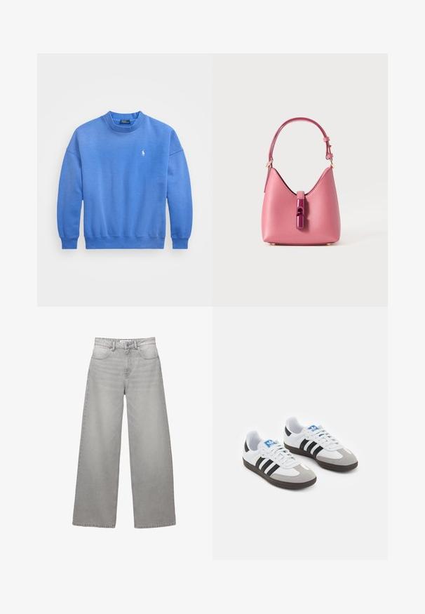 Modrá mikina vyrobená z jemnej zmesi bavlny, so zaobleným výstrihom, dlhými rukávmi, rebrovanými manžetami a malým logom vyšitým na hrudi.; Široké šedé denimové nohavice s vysokým pásom, obsahujúce päť vreciek, zips a viditeľné prešívanie. Mäkká textúra s vyblednutým povrchom.; Športové topánky s bielym koženým zvrškom, šedou semišovou špičkou a tromi čiernymi pruhmi. Obsahujú modré logo na jazyku a štruktúrovanú gumovú podrážku.; Ružová kožená kabelka so štruktúrovaným tvarom, vybavená lesklým zatváraním a jedným nastaviteľným popruhom. Textúrovaný povrch s zlatými kovovými detailmi.
