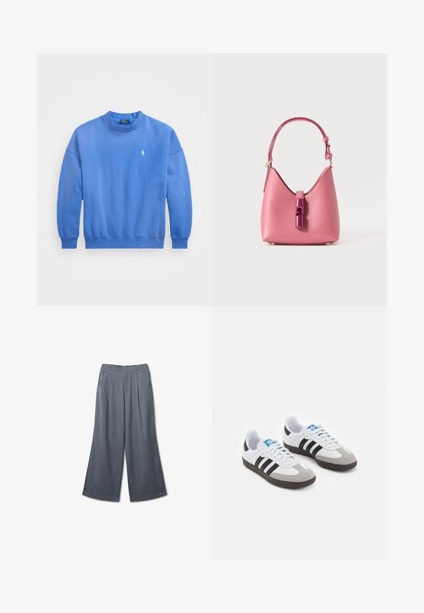 Sweatshirt bleu en mélange de coton doux, avec un col rond, des manches longues, des poignets côtelés et un petit logo brodé sur la poitrine.; Pantalons larges gris en tissu texturé, avec des rayures verticales et un devant plissé, dotés d'une taille élastique.; Baskets avec une tige en cuir blanc, un bout en daim gris et trois bandes noires. Présente un logo bleu sur la languette et une semelle en caoutchouc texturée.; Sac à main en cuir rose avec une forme structurée, doté d'une fermeture brillante et d'une seule bandoulière réglable. Fini texturé avec des accessoires en or.