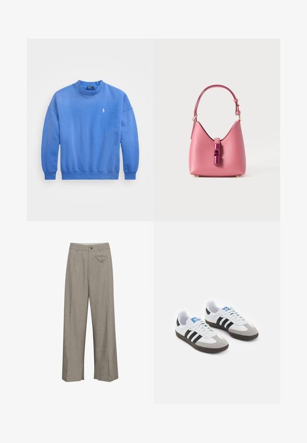 Blue sweatshirt made of soft cotton blend, featuring a crew neck, long sleeves, ribbed cuffs, and a small logo embroidered on the chest.; Wide-leg trousers in light gray fabric, featuring a front button closure, two side pockets, and a decorative diamond-shaped back pocket.; Sport shoes with a white leather upper, gray suede toe, and three black stripes. Features a blue logo on the tongue and a textured rubber sole.; Pink leather handbag with a structured shape, featuring a glossy accent closure and a single adjustable strap. Textured finish with gold hardware.