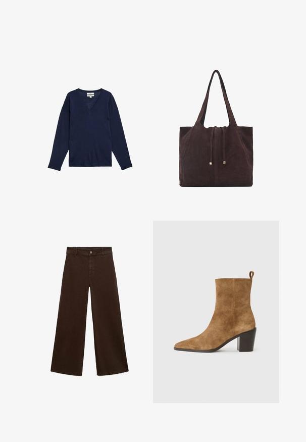 Mörkblå långärmad V-ringad tröja, gjord av mjukt tyg med en avslappnad passform och ribbad fåll. Inga synliga mönster eller metalldetaljer.; Bruna breda byxor i bomullsblandning med fransar vid fållen, framknäppning och klassisk femfickdesign. Minimalistiska och mångsidiga.; Brun mockalädersstövel med spetsig tå och kraftig svart klack, presenterad mot en neutral bakgrund.; Mango Shoppingväska - dark brown