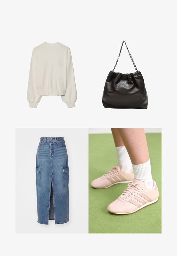 Valkoinen neulottu villapaita, jossa on korkea kaulus, ribbikuvio ja puffihihat. Lyhyt malli, jossa tiukasti istuvat hihansuut. Yksinkertainen, yksivärinen muotoilu.; Denim midi-hame vaaleansinisena. Ominaisuuksia ovat edessä oleva halkio, kaksi sivukargotaskua ja perinteinen nappisuljenta vyötäröllä. Tasainen pinta.; Vaaleanpunaiset urheilukengät, joissa on vino sauma, valkoiset pohjat ja kolme sivuraidetta. Käänteiset valkoiset sukat päällä vihreällä pinnalla.; Ruskea nahkainen laukku, jossa on kerätty yläosa ja ketjuhihna. Tasainen pinta, jossa kiiltävä viimeistely ja hienovaraiset sauman yksityiskohdat sivuilla.