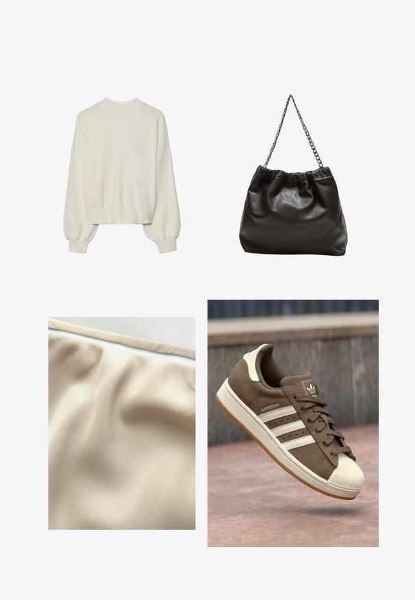 Pull en maille blanche avec col montant, texture côtelée et manches bouffantes. Longueur courte avec poignets ajustés. Design simple et uni.; Tissu beige avec une texture lisse, présentant de subtils plis et une fermeture éclair blanche contrastante le long du bord supérieur.; Baskets en daim marron avec des rayures blanches, des accents crème et un embout en caoutchouc. Présente un design à lacets et une semelle en caoutchouc texturée.; Sac en cuir marron avec un haut froncé et une bandoulière en chaîne. Texture lisse avec une finition brillante et des coutures subtiles sur les côtés.