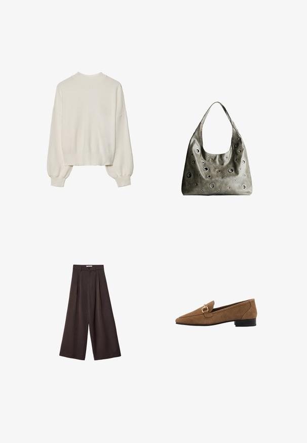 Weißer Strickpullover mit hohem Kragen, geripptem Muster und Ballonärmeln. Kürzere Länge mit eng anliegenden Bündchen. Einfaches, einfarbiges Design.; Schwarze, weit geschnittene Hose mit hoher Taille, ausgestattet mit vorderen Falten und einem Knopfverschluss an der Taille, aus glattem Stoff gefertigt.; Braune Wildleder Slipper mit spitzem Zehenbereich, verziert mit einer goldenen Schnalle und einem niedrigen schwarzen Absatz. Schlichte, glatte Textur, klassisches Design.; Olivgrünes Lederhandtäschchen mit einem lässigen Design, das verschiedene runde Ausschnitte in unterschiedlichen Größen und Akzente in dunkleren und helleren Farbtönen aufweist.