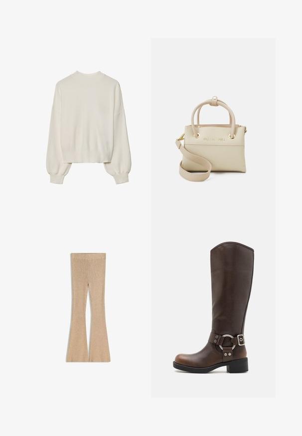 White knitted sweater with a high neck, ribbed texture, and balloon sleeves. Cropped length with fitted cuffs. Simple, solid color design.; Beige ribbed flared leggings with a high waistband. The fabric texture is soft and stretchy, tapering from the knee to the hem.; Brown leather knee-high boot with a round metal hardware accent and buckle. Slightly textured upper, stacked heel, and rounded toe design.; Beige leather handbag with top handles, adjustable strap, logo detail, and gold-tone hardware. Smooth texture and structured shape.