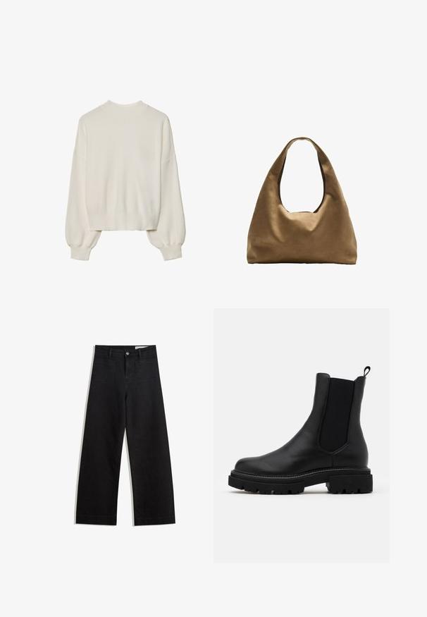 Bílý pletený svetr s vysokým límcem, žebrovanou strukturou a balónovými rukávy. Krátká délka s přiléhavými manžetami. Jednoduchý, jednobarevný design.; Černé denimové kalhoty s volným střihem a vysokým pasem, vybavené předními a zadními kapsami, prošívanými švy a knoflíkovým zapínáním. Hladká textura.; Černé kožené Chelsea boty s elastickými bočními panely a poutkem. Tlusté, strukturované černé gumové podrážky s drsným dezénem.; Hnědá textilní taška přes rameno s širokým, zaobleným tvarem a velkým výřezem na rukojeť. Měkká textura, minimalistický design a žádné viditelné kovové prvky.
