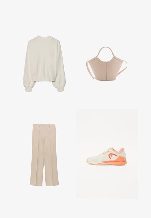 Vit stickad tröja med hög hals, ribbat mönster och ballongärmar. Korta längden med åtsittande ärmslut. Enkelt, enfärgat design.; Ljusbeiga vida byxor med en slät yta, som har en plisserad framsida och sidofickor, samt en åtsittande midja.; Tennissko i ljus krämfärg med strukturerad mesh-överdel, persikoaccenter och distinkt logotyp. Har en flexibel gummisula för bra grepp.; Beige läderhandväska med en unik form, med två korta handtag och ett långt justerbart axelband. Slät textur med minimal hårdvara.