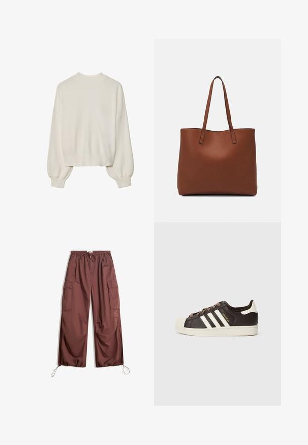 Valkoinen neulottu villapaita, jossa on korkea kaulus, ribbikuvio ja puffihihat. Lyhyt malli, jossa tiukasti istuvat hihansuut. Yksinkertainen, yksivärinen muotoilu.; Kapeat ruskeat cargo-housut, joissa on elastinen vyötärö, kiristysnauha, suuret sivutaskut ja säädettävät nilkkaköydet.; Matala Adidas Superstar -tennari tummanruskeasta nahasta, jossa on kermahtava kuorikärki, valkoiset raidat ja "Superstar"-teksti sivussa.; Ruskea nahkainen olkalaukku, jossa on sileä pinta, avoin yläosa ja kaksi olkahihnaa. Omaavat vain minimaalisen ompelun eikä näkyvää metalliosaa.