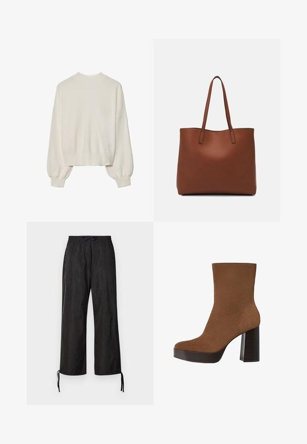 Biały sweter dzianinowy z wysokim kołnierzem, ribbową teksturą i bufiastymi rękawami. Skrócona długość z dopasowanymi mankietami. Prosty, jednolity kolor.; Czarne, luźne spodnie z elastycznym pasem i regulowanymi sznurkami u kostek. Gładki materiał o subtelnym połysku.; Brązowe zamszowe botki sięgające kostki z zaokrąglonym noskiem, masywnym czarnym paskiem na obcasie i gładką powierzchnią. Charakteryzują się dopasowanym krojem bez widocznych elementów metalowych.; Brązowa skórzana torba tote o gładkiej fakturze, z otwartym wierzchem i dwoma ramiączkami. Charakteryzuje się minimalnym przeszyciem i brakiem widocznych elementów metalowych.