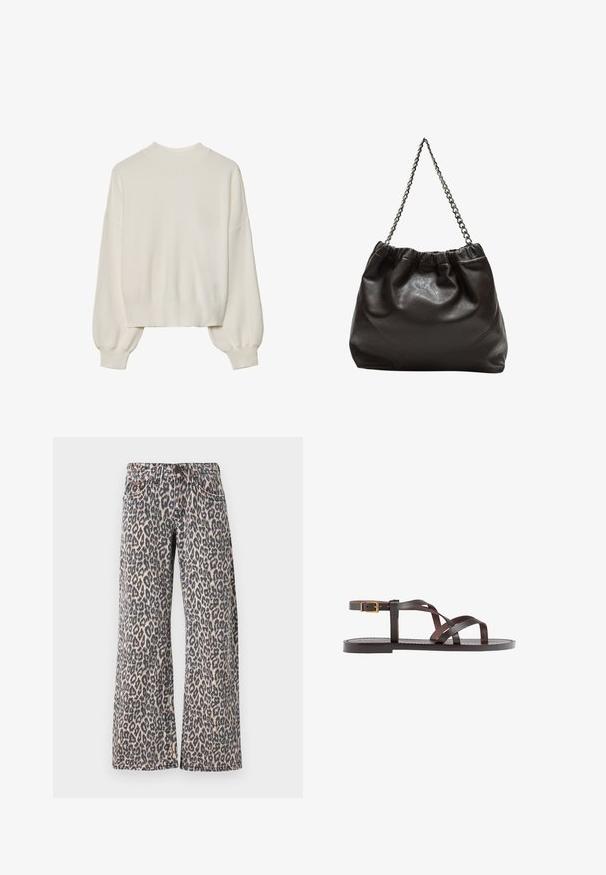 Vit stickad tröja med hög hals, ribbat mönster och ballongärmar. Korta längden med åtsittande ärmslut. Enkelt, enfärgat design.; Leopardmönstrade denimjeans med vid bensdesign, med knappstängning och bälteslopp. Tyget har en slät textur.; Bruna lädersandaler med korsade remmar, spänne runt vristen och en platt sula med minimala sömnadsdetaljer.; Brun läderväska med rynkad topp och kedjesnodd. Slät textur med en blankslipad yta och subtila sömdetaljer på sidorna.