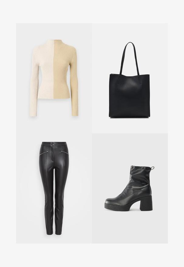 Sweater canelado de gola alta com mangas longas, apresentando um design em duas tonalidades em creme e bege, destacando texturas e cores contrastantes.; Calças de couro pretas com um corte justo, apresentando costuras verticais, um bolso com fecho éclair de cada lado e um fecho de botão na cintura.; Botas de tornozelo pretas feitas de couro liso, com fecho lateral, salto grosso texturizado e design de bico arredondado.; Bolsa tote preta em couro com textura lisa, forma retangular e duas alças longas. Sem hardware ou enfeites visíveis.