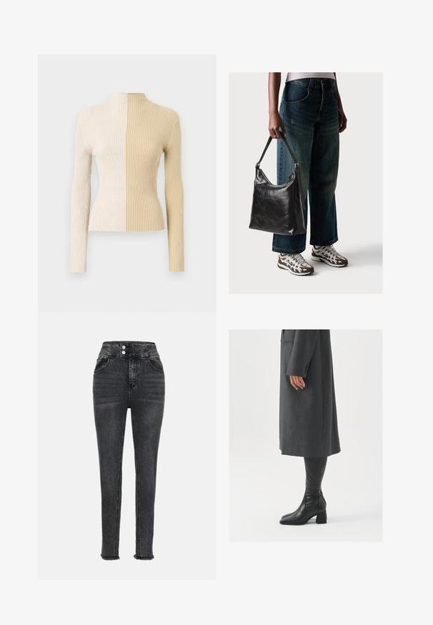 Sweater canelado de gola alta com mangas longas, apresentando um design em duas tonalidades em creme e bege, destacando texturas e cores contrastantes.; Calças de ganga pretas de cintura alta com um corte slim, apresentando dois bolsos frontais, fecho com zipper e dois botões, e bainhas desfiadas.; Casaco cinza, ajustado, com corte reto; combinado com botas de couro pretas até ao joelho, com biqueira quadrada e salto grosso.; Bolsa de ombro em couro preto com textura suave e alça ajustável, combinada com jeans de perna larga desbotados e ténis desportivos.