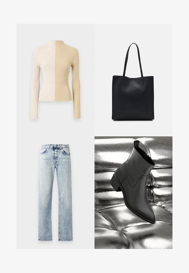 Suéter de cuello alto acanalado con mangas largas, que presenta un diseño bicolor en crema y beige, destacando texturas y colores contrastantes.; Vaqueros de mezclilla azul claro con un diseño de pierna recta. Incluye cinco bolsillos, trabillas para el cinturón y un dobladillo deshilachado en la parte inferior.; Botín negro de cuero con un tacón bajo, reposando sobre una superficie metálica plateada brillante y acolchada, que resalta la suavidad de la textura y el diseño elegante.; Bolso tote de cuero negro con textura lisa, forma rectangular y dos asas largas. Sin herrajes ni adornos visibles.