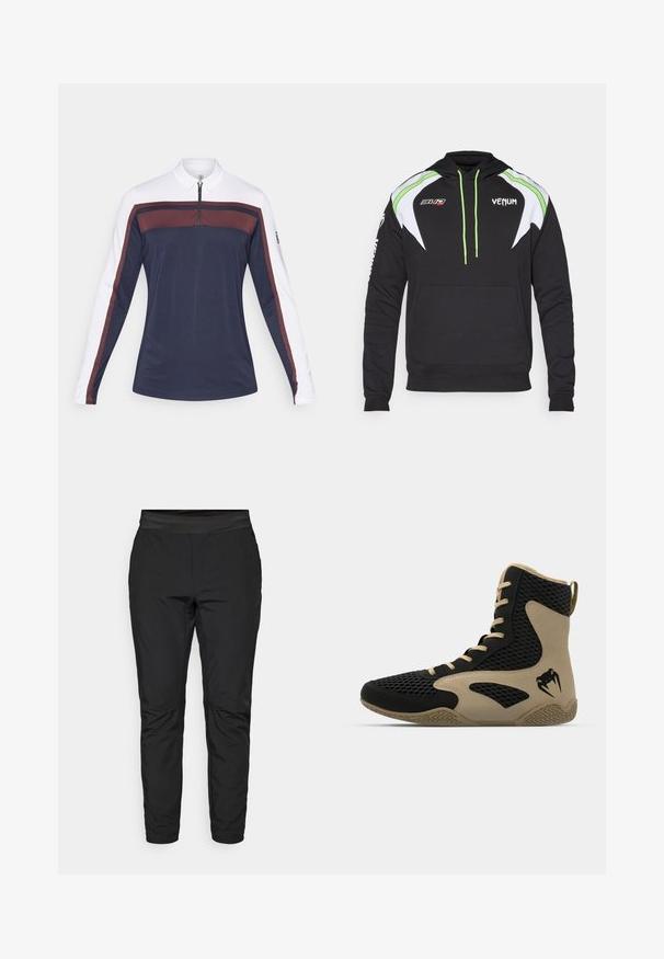 Zwarte hoodie met witte en limoen groene accenten, voorzien van een voorzak, trekkoorden en logo's op de borst en mouw. Zacht materiaal.; Langarm polo shirt in marineblauw met witte mouwen, voorzien van een ritskraag en bordeauxrode accentstrepen langs de borst en mouwen.; Zwarte stretchpants met een aansluitend ontwerp, elastische tailleband en ritszakken. Gladde textuur met een licht glanzende afwerking.; Hoge sportieve schoen met een zwart gaasexterieur en beige accenten. Gestructureerde rubberen zool en logo-detail aan de zijkant.