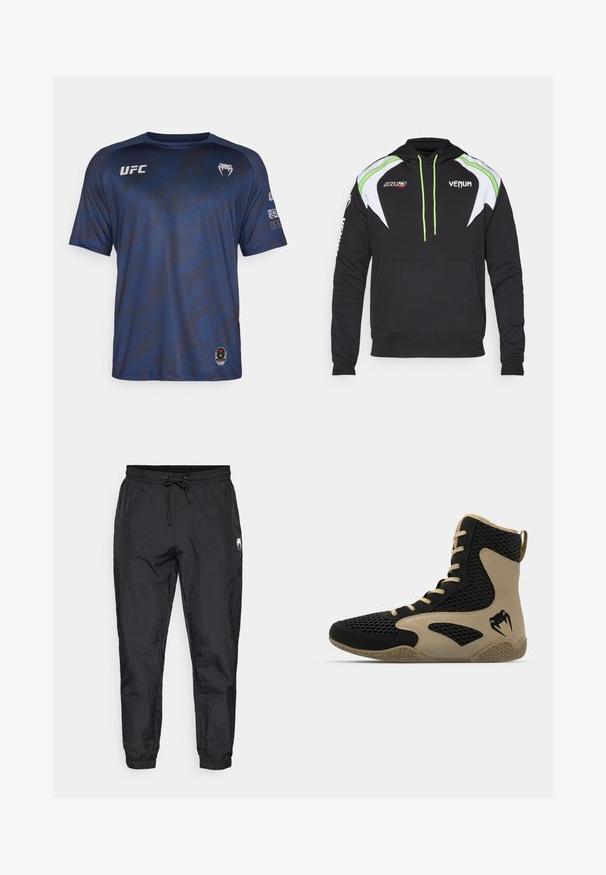 Mustapaita, jossa on valkoisia ja limevihreitä yksityiskohtia. Takissa on etutasku, nyörit ja logot rinnassa ja hihassa. Pehmeä kangas.; Tummansininen urheilupaita, jossa on lyhyet hihat, teksturoitu kuvio ja UFC-logo rinnassa. Valmistettu kevyestä, kosteutta siirtävästä kankaasta.; Mustat, kevyet jogginghousut, joissa on joustava vyötärö ja nyöri, kapenevat lahkeet ja hienovarainen tekstuuri.; Korkean varren urheilukengät, joissa on musta verkkopinta beigeillä yksityiskohdilla. Hieman teksturoitu kumipohja ja logokuvaus sivussa.