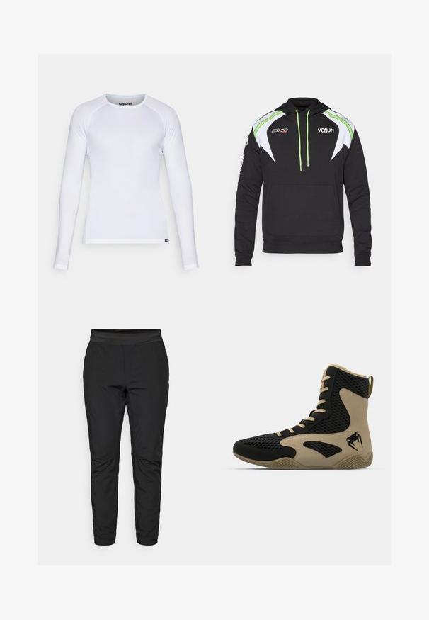 Zwarte hoodie met witte en limoen groene accenten, voorzien van een voorzak, trekkoorden en logo's op de borst en mouw. Zacht materiaal.; Witte lange mouwen shirt gemaakt van glad, lichtgewicht stof. Heeft een ronde hals en platte naden. Inclusief GripGrab-logo op de kraag.; Zwarte stretchpants met een aansluitend ontwerp, elastische tailleband en ritszakken. Gladde textuur met een licht glanzende afwerking.; Hoge sportieve schoen met een zwart gaasexterieur en beige accenten. Gestructureerde rubberen zool en logo-detail aan de zijkant.