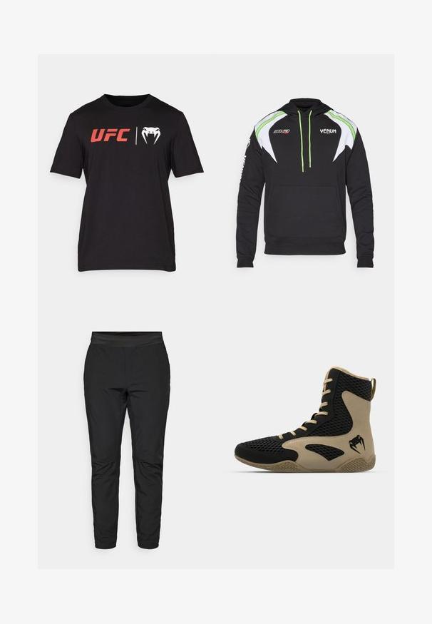 Mustan kapuutsiga, millel on valged ja laimrohelised detailid, ees tasku, reguleeritavad paelad ja logo rinnal ning varrukal. Pehme kangas.; Must musta T-särk lühikeste varrukatega. Ees on punane "UFC" logo ja valge mao graafika. Ümar kaelus, sile tekstuur.; Musthave venituspüksid, millel on sobiv disain, elastne vöökoht ja lukuga taskud. Sujuv tekstuur ja kergelt läikiv viimistlus.; Korkeatoimelise spordijalanõud musta võrkmaterjaliga, millel on beežid accentsid. Tekstureeritud kummist tallad ja logodetail küljepeal.