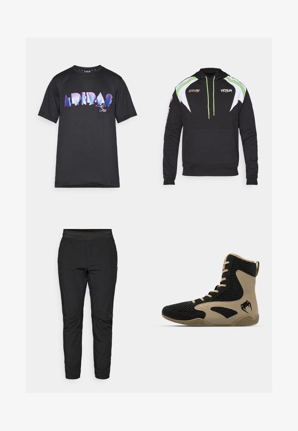 Camisola preta com acabamentos em branco e verde lima, apresentando um bolso frontal, cordões e logótipos no peito e na manga. Tecido macio.; T-shirt preta com uma grande estampa gráfica multicolorida com o texto "ADIDAS" e silhuetas. Com mangas curtas e design de decote redondo.; Calças de stretchy pretas com um design ajustado, cintura elástica e bolsos com zip. Textura suave com um acabamento ligeiramente brilhante.; Sapatilha desportiva de cano alto com um exterior em malha preta e detalhes em bege. Sola de borracha texturada e detalhe do logótipo na lateral.