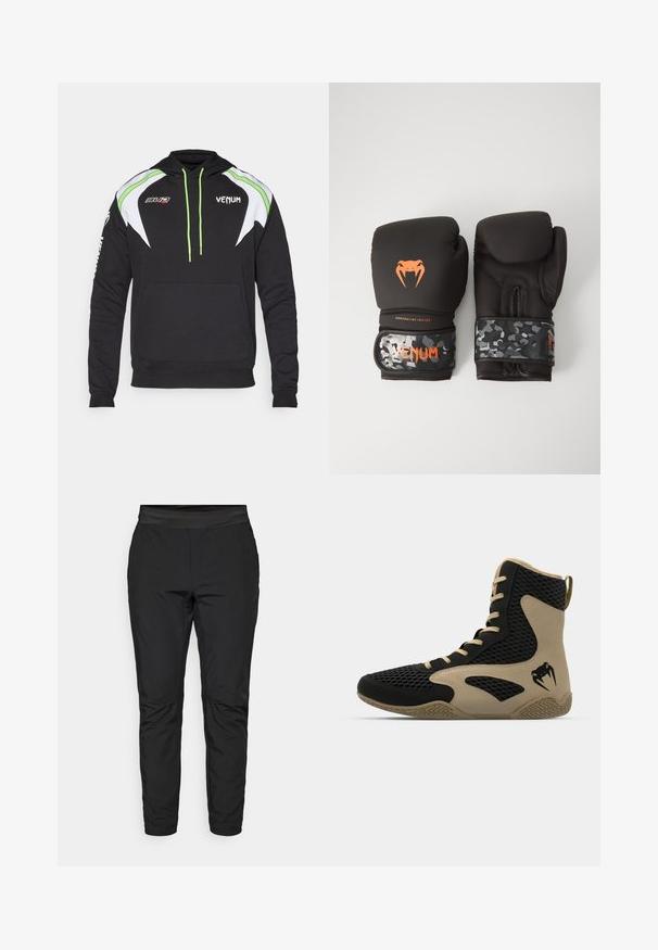 Czarna bluza z kapturem z białymi i limonkowymi akcentami, z kieszenią z przodu, sznurkami oraz logo na klatce piersiowej i rękawie. Miękka tkanina.; Czarne legginsy o dopasowanym kroju, z elastycznym pasem i kieszeniami na zamek. Gładka tekstura o lekko błyszczącym wykończeniu.; Wysokie buty sportowe z czarną siateczkową powierzchnią i beżowymi akcentami. Teksturowana gumowa podeszwa i detal logo po boku.; Czarne rękawice bokserskie o matowym wykończeniu i ergonomicznym kształcie. Pomarańczowe detale logo oraz rękawy w wzór kamuflażowy.