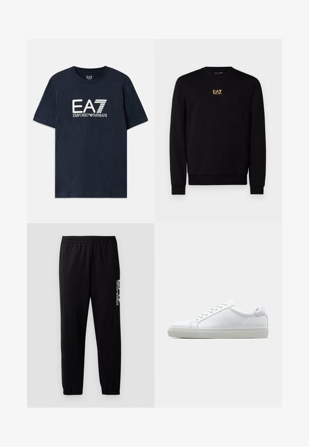 Černá mikina vyrobená z bavlny s kulatým výstřihem, žebrovanými manžetami a pasem. Na hrudi je zlaté logo "EA7".; Modrá bavlněná tričko s krátkým rukávem a kulatým výstřihem. Na přední straně je výrazné bílé logo EA7 Emporio Armani.; Černé sportovní kalhoty vyrobené z hladkého materiálu, s elastickým pasem a manžetami, a s kontrastním logem potištěným na boku.; Bílé tenisky s hladkým koženým svrškem a nízkým profilem. Mají zaoblenou špičku, šest nýtů a texturovanou gumovou podrážku.