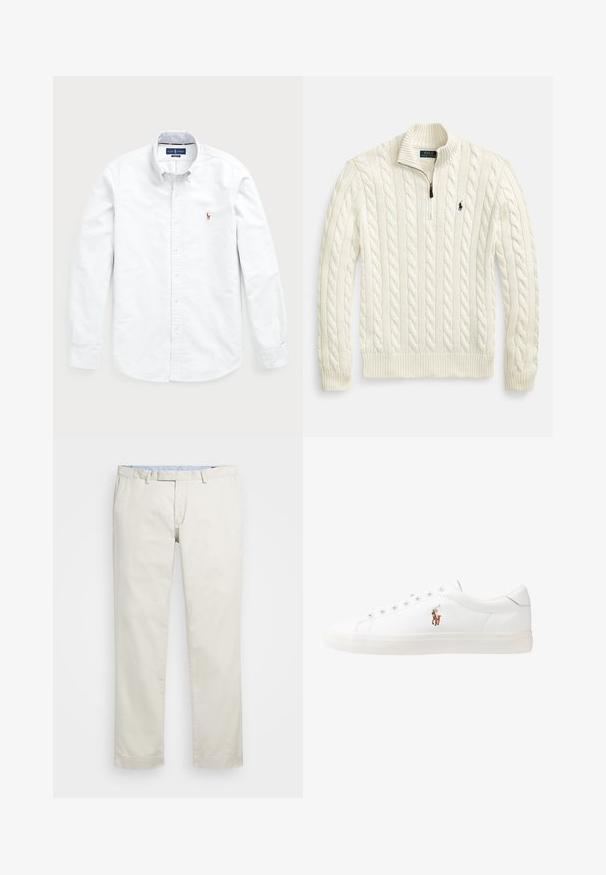 Kremowy sweter z grubym splotem warkoczowym, z połowowym zamkiem błyskawicznym na kołnierzu, ściągaczami na mankietach i u dołu. Na lewej piersi małe logo. Wykonany z teksturowanego materiału.; Biała koszula z długim rękawem, zapinana na guziki, wykonana z bawełny. Posiada kołnierz typu spread, zapięcie na guziki oraz małe haftowane logo na piersi.; Beżowe bawełniane chinosy z płaskim przodem, szlufkami na pasek i bocznymi kieszeniami. Prosty krój z gładką fakturą i lekkim, przewiewnym uczuciem.; Białe skórzane sneakersy, niskoprofilowy design, charakteryzujące się gładką fakturą, okrągłym noskiem, sznurowanym przodem i małym haftowanym logo z boku.