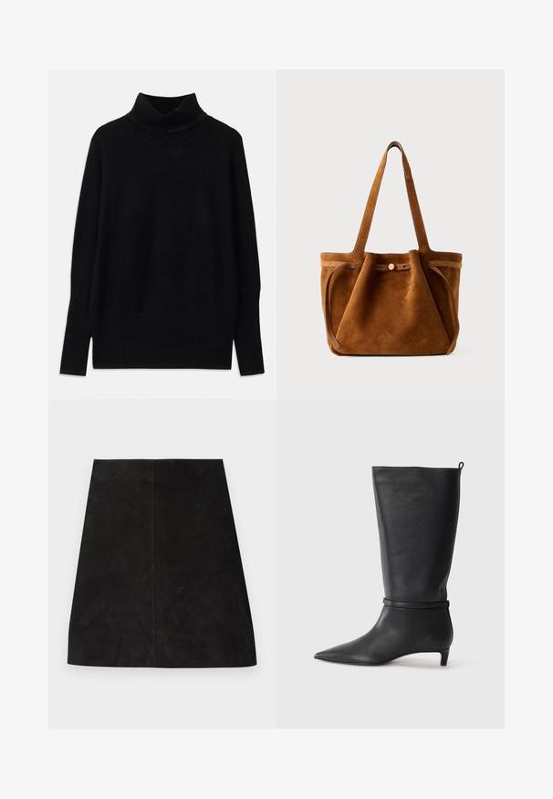 Pull à col roulé noir en tissu doux, avec des accents côtelés au niveau du col et des poignets, coupe décontractée et fentes sur les côtés.; Mini-jupe en daim noir avec une coupe droite simple, une texture lisse et un détail de couture centrale. Pas de fermeture apparente ni d'ornements.; Botte noire en cuir, montant jusqu'au genou, avec un bout pointu, accentuée par une sangle circulaire autour de la cheville et un petit talon effilé. Texture lisse.; Sac fourre-tout en suede marron avec doubles poignées, un strap de fermeture à bouton et une forme décontractée, légèrement affaissée.