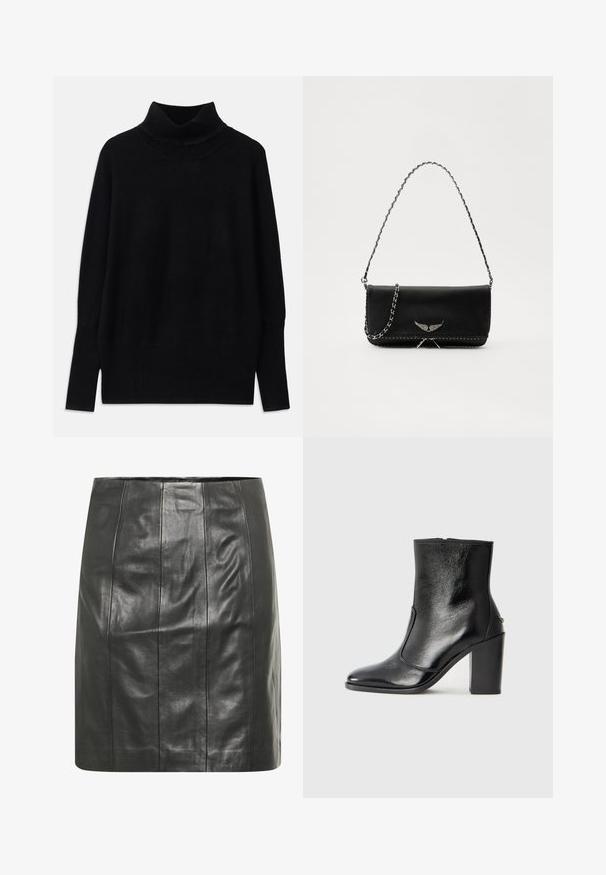 Must mustriga pehme kangast, millel on soonikdetailid kaeluse ja varrukaotste juures, lõdva lõike ja küljetükkidega.; Must mustriba nahkseelik, millel on tihe siluett, vertikaalsed õmblused, mis lisavad tekstuuri ja sujuva viimistluse.; Must kõvale nahast pahklipsu saapad, millel on sile tekstuur, terav varvas ja paks kõrge kann. Omab külgavatust ja minimalistlikku disaini.; Mustvalge nahk käekott hõbedase ahelsanga ja dekoratiivsete tiivaaktsentidega, samuti valgete õmblustega alumises ühenduses.