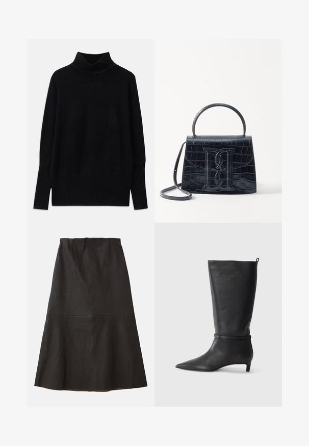 Črni turtleneck pulover iz mehke tkanine, z rebrastimi detajli ob ovratniku in manšetah, sproščenim krojem in stranskimi razporki.; Črna krilo v obliki črke A do kolen, izdelano iz gladkega, teksturiranega blaga. Ima srednje visok pas in diskretno podrobnost šiva.; Črne usnjene visokokakovostne škornje do kolen s koničastim nosom, okrašene s krožno zanko okoli gležnja in nizko, oblikovano peto. Gladka tekstura.; Črna ročno vsebovana torbica iz usnja z reliéfom krokodila, z oblikovanim dizajnom, zgornjo ročajem, prilagodljivo zanko in izstopajočim logotipom spredaj.