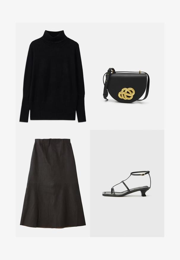 Maglione a collo alto nero realizzato in tessuto morbido, con dettagli a coste sul colletto e sui polsini, dalla vestibilità rilassata e con spacchi laterali.; Gonna nera a trapezio, lunga fino al ginocchio, realizzata in un tessuto liscio e testurizzato. Presenta una vita a media altezza e un sottile dettaglio di cucitura.; Sandalo in pelle nera con punta quadrata, cinturini sottili, cinturino alla caviglia regolabile e tacco basso. Presenta un piccolo accento dorato sul cinturino.; Borsa a mano in pelle nera dalla forma rotonda, con un grande nodo decorativo dorato sulla parte anteriore e una tracolla regolabile.