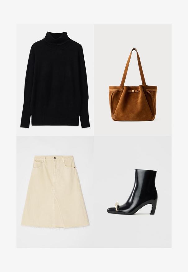 Pull à col roulé noir en tissu doux, avec des accents côtelés au niveau du col et des poignets, coupe décontractée et fentes sur les côtés.; Tory Burch DECONSTRUCTED MIDI SKIRT - Jupe trapèze - khaki; Bottine noire en cuir brillant, avec un bout pointu et un accent décoratif en or et argent à l'avant. Design à talon carré.; Sac fourre-tout en suede marron avec doubles poignées, un strap de fermeture à bouton et une forme décontractée, légèrement affaissée.
