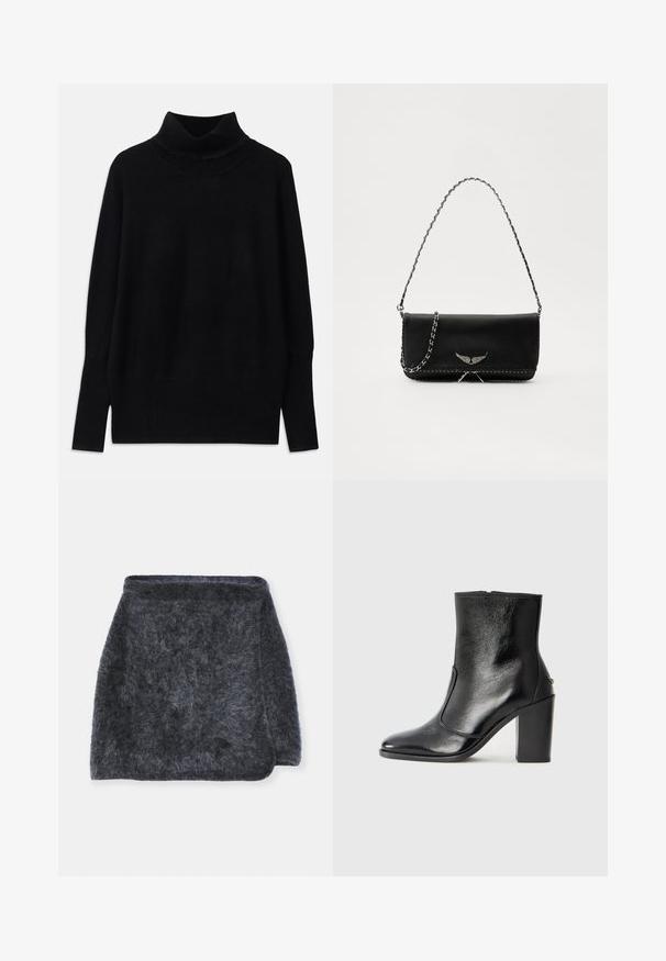 Pulover negru cu guler înalt, realizat dintr-un material moale, având accente cu nervuri la guler și la mansete, cu o croială relaxată și slituri laterale.; Fustă pufoasă de culoare gri închis, cu o textură moale, design ușor evazat și tiv curbat. Materialul pare cald și confortabil.; Botină din piele neagră, cu o textură netedă, vârf ascuțit și toc gros, înalt. Dispune de o deschidere laterală și un design minimalist.; Geantă de mână din piele neagră cu un lanț din argint, având accente decorative în formă de aripi și cusături albe de-a lungul cusăturii de jos.