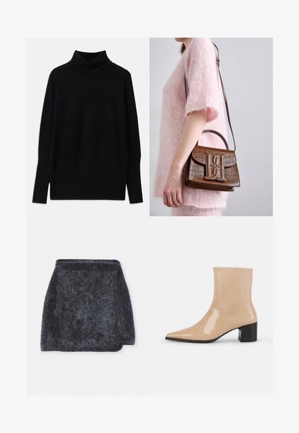 Black turtleneck sweater made of soft fabric, featuring ribbed accents at the collar and cuffs, with a relaxed fit and side slits.; Fuzzy dark gray skirt with a soft texture, slightly flared design, and curved hem. Fabric appears warm and cozy.; Beige patent leather ankle boot with a pointed toe and a chunky black heel. Sleek, smooth texture with a minimalist design.; Brown crocodile-embossed handbag with a top handle and shoulder strap. Features a prominent logo on the front flap. Soft texture.