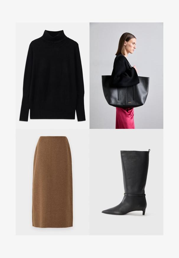Melnas turtlenecka formas džemperis, izgatavots no mīksta auduma, ar ribotām akcentiem apkaklē un piedurkņu galos, ar brīvu piegriezumu un sānu spraugām.; Biege, līdz ceļiem garš svārki, kas izgatavoti no mīksta auduma ar gludu tekstūru un taisnu griezumu; ar smalkām šuvju detaļām pa sāniem.; Melnas ādas līdz ceļiem stīgas ar norādītu purngalu, akcentētas ar apaļu siksnu ap potīti un zemu, sašaurinātu papēdi. Gluda tekstūra.; Melnas ādas rokas soma ar teksturētu apdari, kas ietver divas vertikālas līnijas, divas plecu siksnas un minimālistisku dizainu.